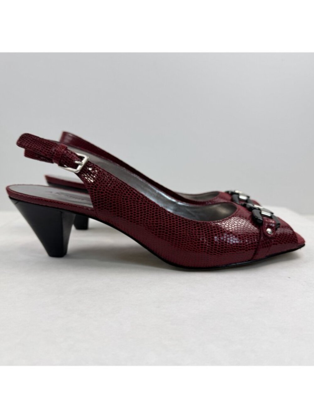 Anne Klein AK Sindri Slingback Heels Womens Size 9.5M Red Snakeskin Peep Toe - Picture 4 of 12